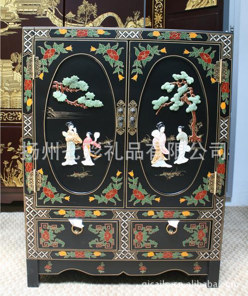 扬州漆器 古典家具骨石镶嵌人物蛋形柜双门双抽 家居用品 工艺品